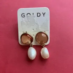 GOLDY ピンクブラウン石と淡水パールのドロップピアス