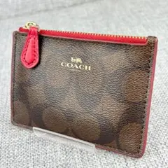 良品コーチ◆チェーンリング付マチ無カード＆コインケース シグネチャーPVC 茶系
