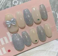 ネイルチップ 現品 ブルー ラメ リボン 量産型 地雷系