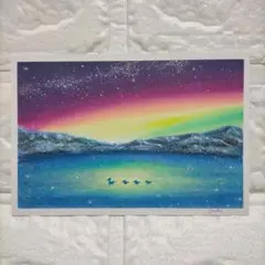 カルガモ親子と星空　風景画　オイルパステル画　原画 ハガキサイズ 絵画 #132 カルガモ親子と湖畔の風景画 オイルパステル画 原画 ハガキサイズ絵画