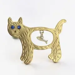 猫と魚のブローチ ヴィンテージ風 動物 ゴールド 北欧風 古着 アクセサリー