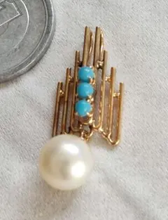 K14 ネックレス トップ 真珠 ターコイズk14YG イエローゴールド