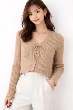 ベージュ リブニット カーディガン 前リボン ショート丈