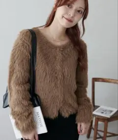 Discoat ディスコート ロングフェザーヤーンクルーカーディガン モカ