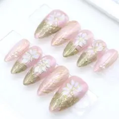 【341】ネイルチップSサイズ ピンク ゴールド ゴールドミラー花柄　マグネット