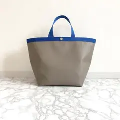 ハンドメイド 舟形トートL茶ベージュブルー裏地ベージュボタンゴールド