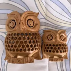 美品❣️木製フクロウ透かし彫り置物 大小2個セット