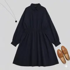 シャツワンピース 長袖 ウエストゴム Aライン 体型カバー 春秋 黒 カジュアル