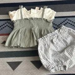 プティマイン　グリーン系フリル付きトップスとショートパンツセット