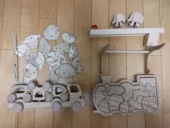木製玩具　4つセット　汽車パズル　車　象　魚釣り