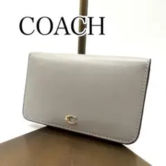 極美品　COACH グレー レザー カードケース　GD金具　ロゴ入り　C4818