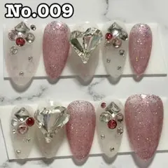 No.009ネイルチップ　ハート　ビジュー　ラメ　乳白色　ピンクラメ　埋めつくし