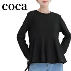 coca コカ　ブラック エンボスぺプラム長袖裾フレアトップス レディースM