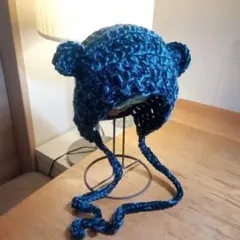 クマ耳　ボンネット　暗めの青