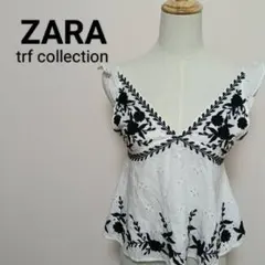 【美品】ZARA trf ザラ 刺繍 ブラウス カットソー XS 白 黒 花柄