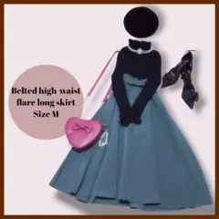 ウエストベルト フレア ロングスカート グリーン　M　ミモレ丈　フレアスカート