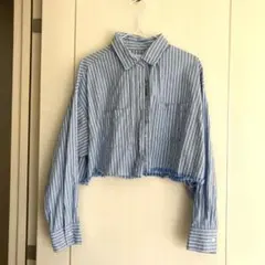 WEGO 青と白のストライプ クロップドシャツ