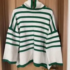 ホワイト/グリーン ストライプ ニットセーター M