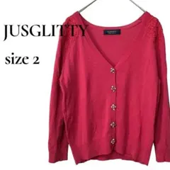 ジャスグリッティ　ビジュー七分袖カーディガン　Ｍ　赤　レース　綿混　春夏　羽織り