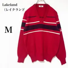 【レイクランド】レッド系　ボーダー　ウール100% Vネックセーター　袖ロゴ刺繍