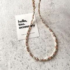 クリアオレンジピンク　ゴールドビーズネックレス　パール