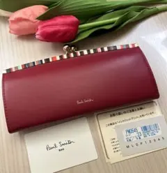 ❹格安★ポールスミス★クロスオーバーストライプトリム がま口長財布新品ローズ