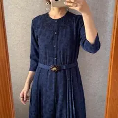 ヴィンテージ 昭和レトロ 古着 刺繍入ジャガードドットワンピース 紺 七分袖