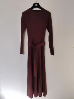 ロペピクニック✨フレアワンピースロングニットブラウンウエストベルト付き