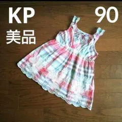 【美品】KP★90サイズ ノースリーブワンピース チェック レース リボンのサムネイル
