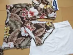 新品11L 婦人ビキニ 水着 4点セット 花柄 茶　ブラウン