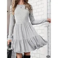 大きいサイズ エレガント リブニット 膝丈 ワンピース グレー M(XL)