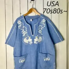 USA古着 70s80s～ ハンド刺繍 エスニックチュニックシャツ S～M - メルカリ