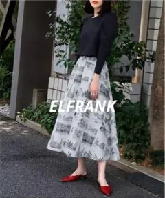 エルフランク　レトロジャガードフレアミモレ丈スカート　ネイビー　総柄　Fのサムネイル
