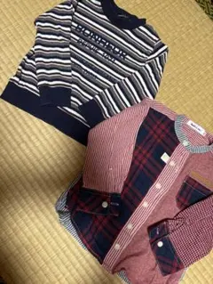 BeBeボーダーカットソーとNoeil aime BeBe赤チェックシャツ