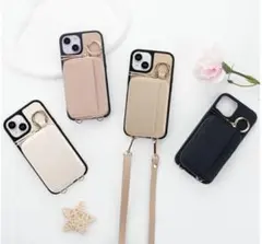 ベージュ合成皮革スマホケースショルダーストラップ