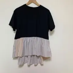 ドッキング 半袖 Tシャツ プリーツ ストライプ 切替 ブラックのサムネイル