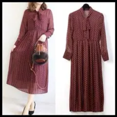 【美品】ダイアグラム ドットジャガードボウタイワンピース プリーツ フラワー