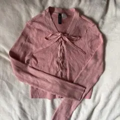 H&M リブ　リボン　トップス　ピンク