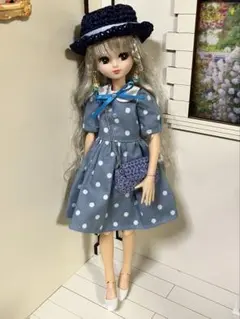 22cmドール服 ドット柄レトロワンピース×さくらんぼ麻バッグ♡コーデ2
