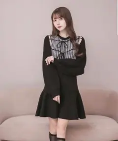 DOLCELICHE 千鳥柄ミニニットワンピカーデセット ブラック