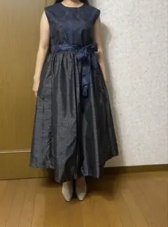 着物リメイク 大島紬 ロングフレアワンピース（後ろVネック）着丈123