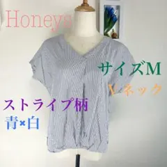 c184 Honeys ストライプ Vネック 半袖シャツ Mサイズ ブラウス