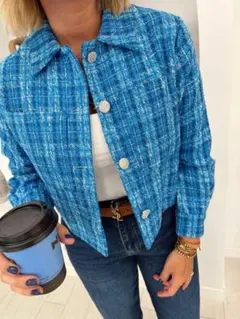 ZARA ツイード　クロップド丈　ジャケット　ブルー