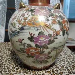 極美品】薩摩焼 沈壽官 花瓶 鳳凰 牡丹 藤 花鳥図 金彩 飾壺 骨董