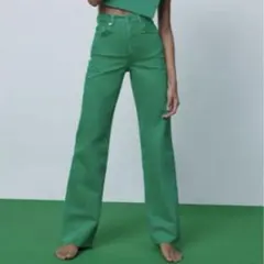 ZARA ワイドレッグフルレングス カラーデニムパンツ　グリーン　34