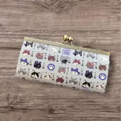 ひ*！様 ハンドメイド☆長財布☆がま口☆猫ちゃんの顔がいっぱい☆グレー