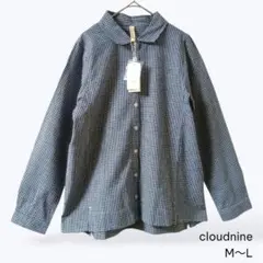 タグ付き cloudnine 綿麻チェックシャツ ネイビー×ホワイト M〜L
