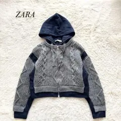 Q2【ザラ】コントラストニットカーディガン　フーディ　グレー　M カジュアル