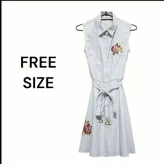 シャツフレアワンピース　花柄　刺繍　ノースリーブ　ひざ丈　MIIA 　春夏