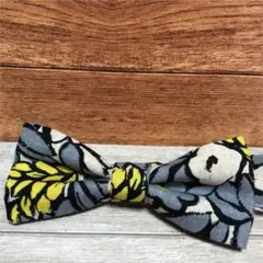 ハンドメイド★カラシ色とグレーのお花柄蝶ネクタイ★中厚麻混綿生地★フリーサイズ★